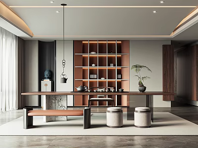 Serene Modern Tea Room Interior Design With Wooden Shelves Tea Sets And Potted Plant 3d model