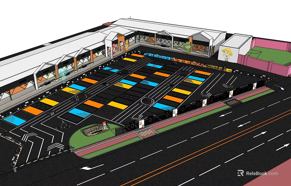Colorful Commercial Parking Lot Layout With Building Arcade And Road Access Design 3d model 