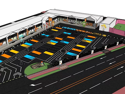 Colorful Commercial Parking Lot Layout With Building Arcade And Road Access Design 3d model