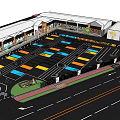Colorful Commercial Parking Lot Layout With Building Arcade And Road Access Design
