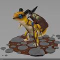 Fantasy Yellow Animal with Blue Eyes Horns and Saddle Bag Standing on Stone Ground