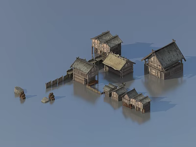 Traditional Ancient Architecture With Wooden Houses Gabled Tile Roofs And Wooden Fences 3d model