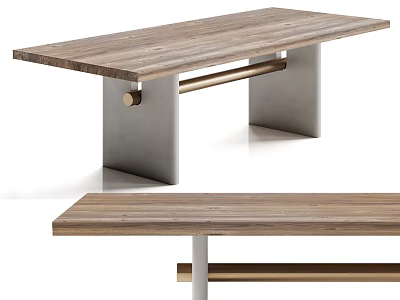 Modern Wooden Dining Table with Concrete Legs and Golden Metal Rod Accents 3d model