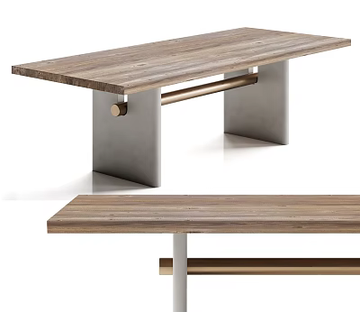 Modern Wooden Dining Table with Concrete Legs and Golden Metal Rod Accents 3d model