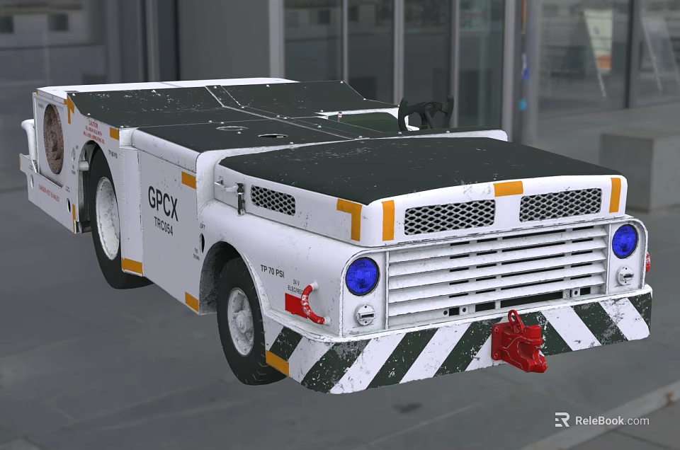 White Utility Vehicle With Green Roof Yellow Stripes Blue Headlights GPX Logo And Towing Hook 3d model 