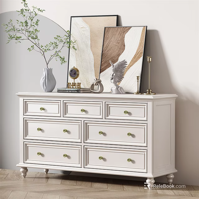 White Console Table With Drawers And Gold Handles Decorated With Vase Sculpture And Wall Art 3d model 