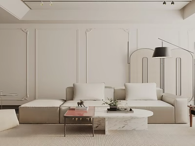 Modern Minimalist Living Room Interior With Beige Sofa Marble Coffee Table And Wall Molding 3d model