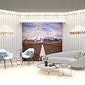 Modern Background Wall with Vertical Stripes and Mountain Road Landscape in Elegant Living Room