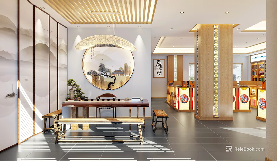 Traditional Chinese Teahouse Interior Featuring Circular Landscape Painting Calligraphy And Wooden Furniture 3d model 