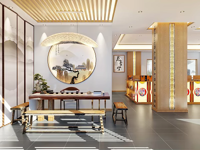 Traditional Chinese Teahouse Interior Featuring Circular Landscape Painting Calligraphy And Wooden Furniture 3d model
