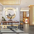 Traditional Chinese Teahouse Interior Featuring Circular Landscape Painting Calligraphy And Wooden Furniture