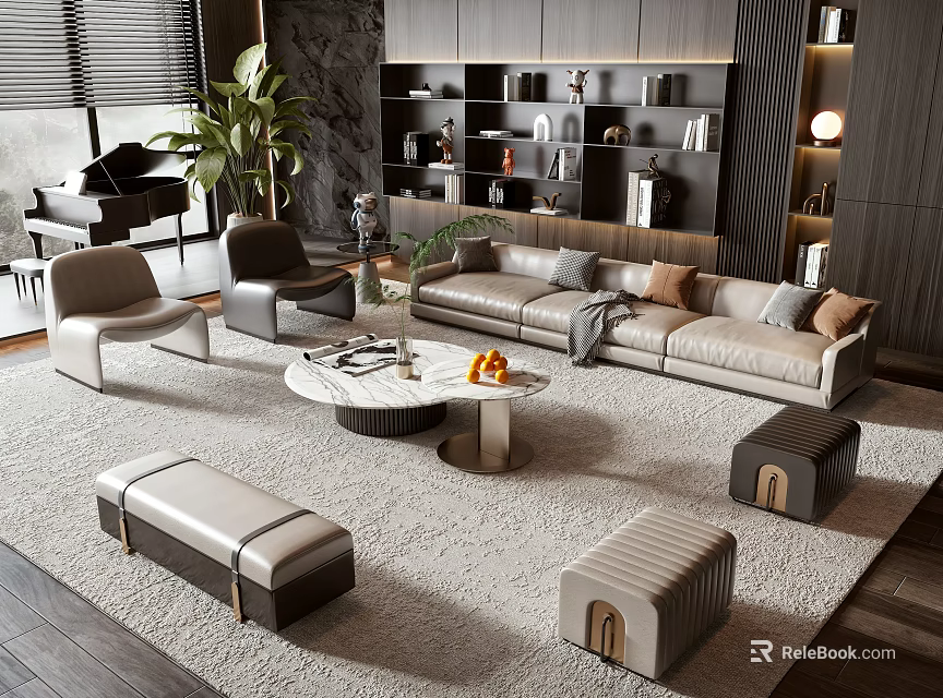 Elegant Modern Living Room Sofa And Coffee Table Set With Marble Top Pillows And Rug 3d model 