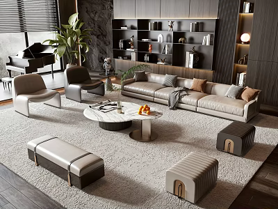 Elegant Modern Living Room Sofa And Coffee Table Set With Marble Top Pillows And Rug 3d model