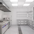 Modern Commercial Kitchen With Stainless Steel Worktables Cabinets And Ventilation
