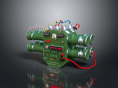Industrial Electrical Control Device With Green Casing Multiple Cylindrical Ports Colored Wires And Control Panel 3d model