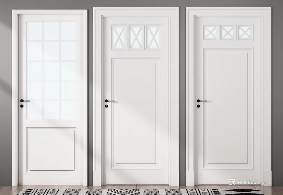 White Hinged Doors With Different Glass Panel Designs For Modern Home 3d model 