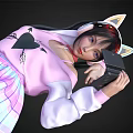 Woman in Pink Hoodie with Black Heart Design Wearing Cat Ear Headphones and Plaid Skirt
