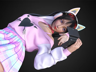 Woman in Pink Hoodie with Black Heart Design Wearing Cat Ear Headphones and Plaid Skirt 3d model