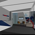 Modern INTERSPORT Reception Desk With Blue White Counter Yellow Chairs And Glass Coffee Table
