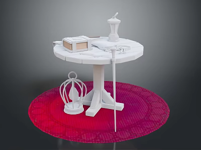 White Round Table Scene With Red Lace Rug Birdcage Decor And Tabletop Items 3d model