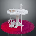 White Round Table Scene With Red Lace Rug Birdcage Decor And Tabletop Items