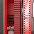 Stylish Red Wardrobe Featuring Louvered Doors And Internal Stacked Clothes Shelves