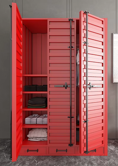 Stylish Red Wardrobe Featuring Louvered Doors And Internal Stacked Clothes Shelves 3d model