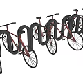 Red Bicycles Parked on Black Bike Racks in a Row 3d model