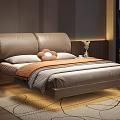Modern Double Bed with Leather Headboard Flower Pillow Striped Blanket Nightstands and Ambient Lighting