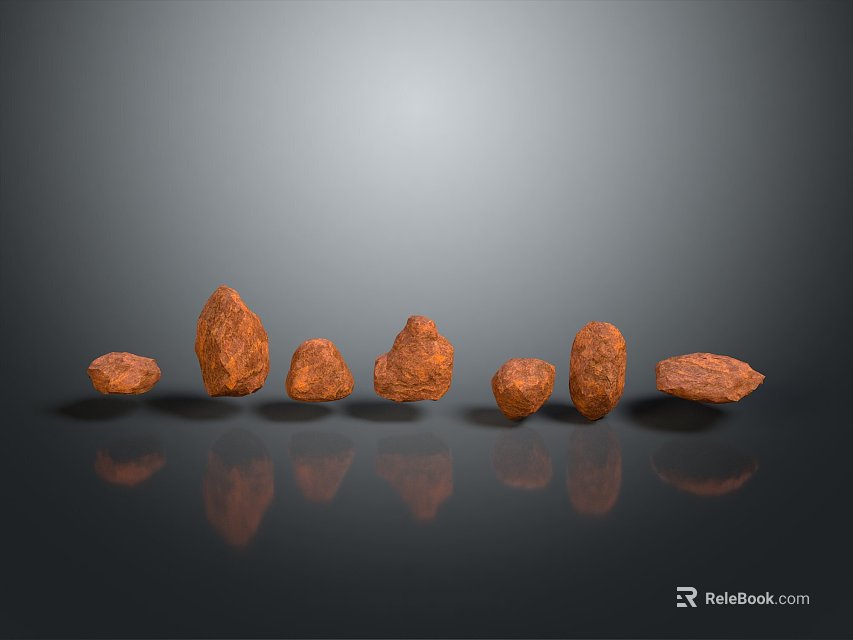 Natural Brown Textured Stones Arranged on Black Background with Reflections 3d model 