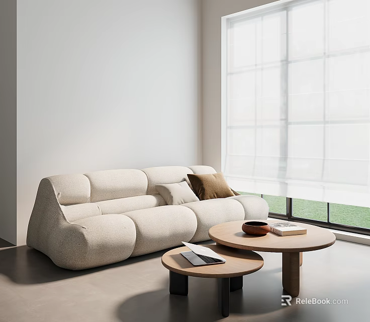 Modern Beige Three Seater Fabric Sofa With Wooden Coffee Tables And Window Curtains 3d model 