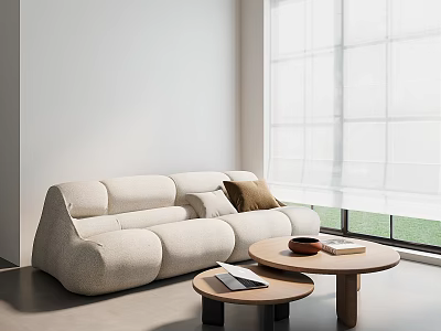 Modern Beige Three Seater Fabric Sofa With Wooden Coffee Tables And Window Curtains 3d model