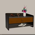 Dark Wooden Bedside Table With Brown Drawer Leather Strap White Vase Pink Flowers