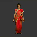 Elegant Indian Woman In Traditional Red Saree Standing Against Grey Background