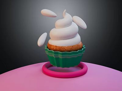 Cupcake With White Whipped Cream Green Liner Pink Base And White Decorative Pieces 3d model