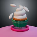 Cupcake With White Whipped Cream Green Liner Pink Base And White Decorative Pieces