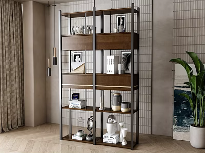 Modern Industrial Storage Shelf In Living Room With Books Photo Frames And Decor Items 3d model