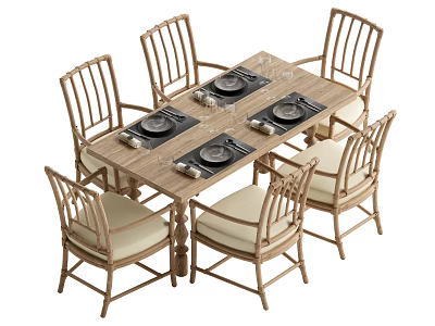 Wooden Dining Set With Six Rattan Chairs And Beige Seat Cushions 3d model
