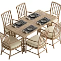 Wooden Dining Set With Six Rattan Chairs And Beige Seat Cushions