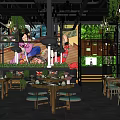 Bright Restaurant Interior With Wooden Tables Green Seats Hanging Lights And Green Plants