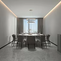 Modern Private Dining Room Interior With Large Table Chairs Windows And Decorative Paintings 3d model