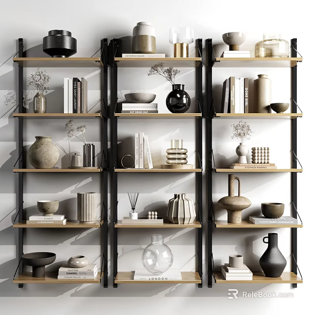 Modern Decorative Ornament Set On Multi tiered Shelves With Vases Bowls And Books 3d model 