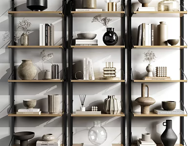Modern Decorative Ornament Set On Multi tiered Shelves With Vases Bowls And Books 3d model