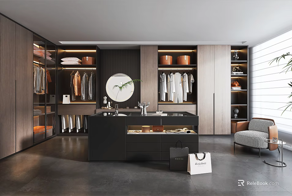 Modern Walk in Closet Design With Hanging Clothes Storage Baskets Central Counter Mirror Bags Shoes 3d model 