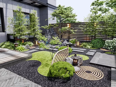 Karesansui Japanese Garden Featuring Circular Sand Patterns Gravel Moss Stone Lanterns And Wooden Fence 3d model