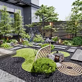 Karesansui Japanese Garden Featuring Circular Sand Patterns Gravel Moss Stone Lanterns And Wooden Fence