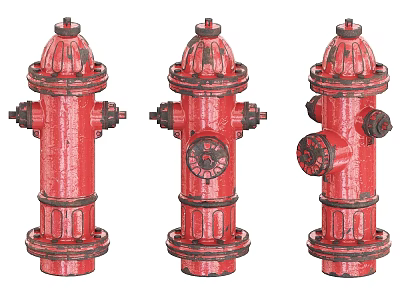 Three Red Vintage Fire Hydrants As Essential Fire Safety Equipment 3d model