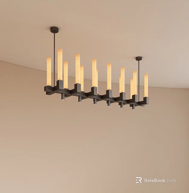 Modern Chandelier Design With Black Frame And Warm Light Tubes On Ceiling 3d model