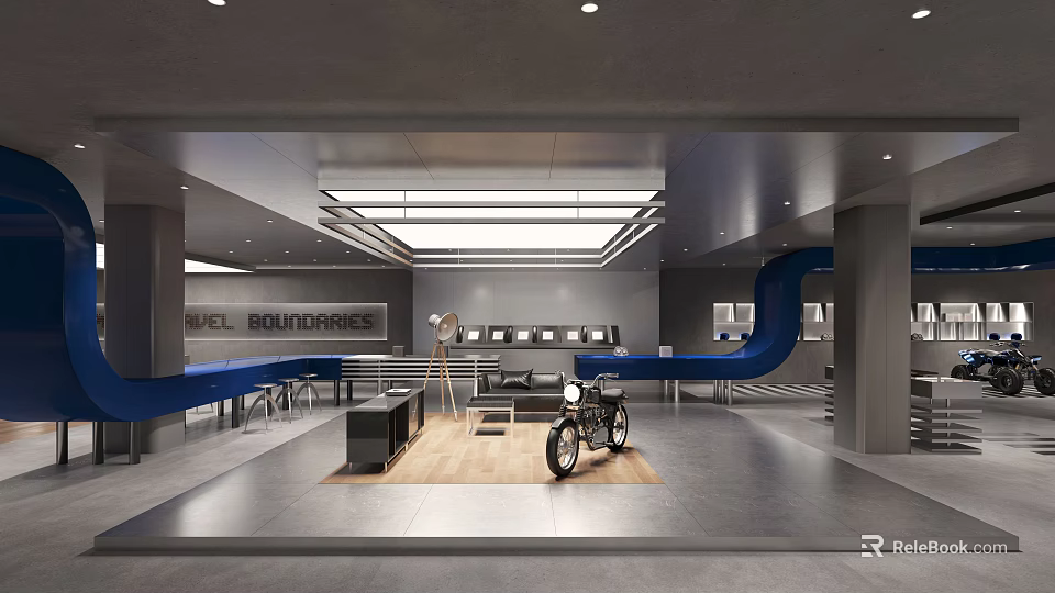 Modern Industrial Coffee Shop Interior With Motorcycle Decor And Blue Accents 3d model 