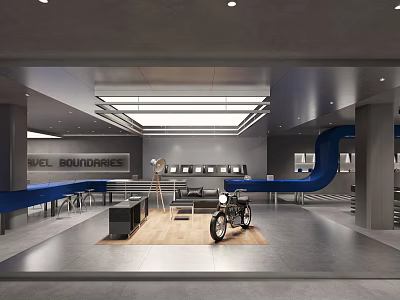 Modern Industrial Coffee Shop Interior With Motorcycle Decor And Blue Accents 3d model